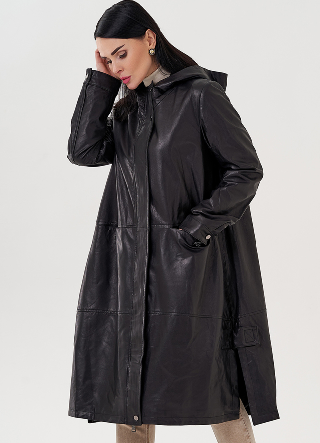 Длинный кожаный плащ с капюшоном модель № 24094 меха малина