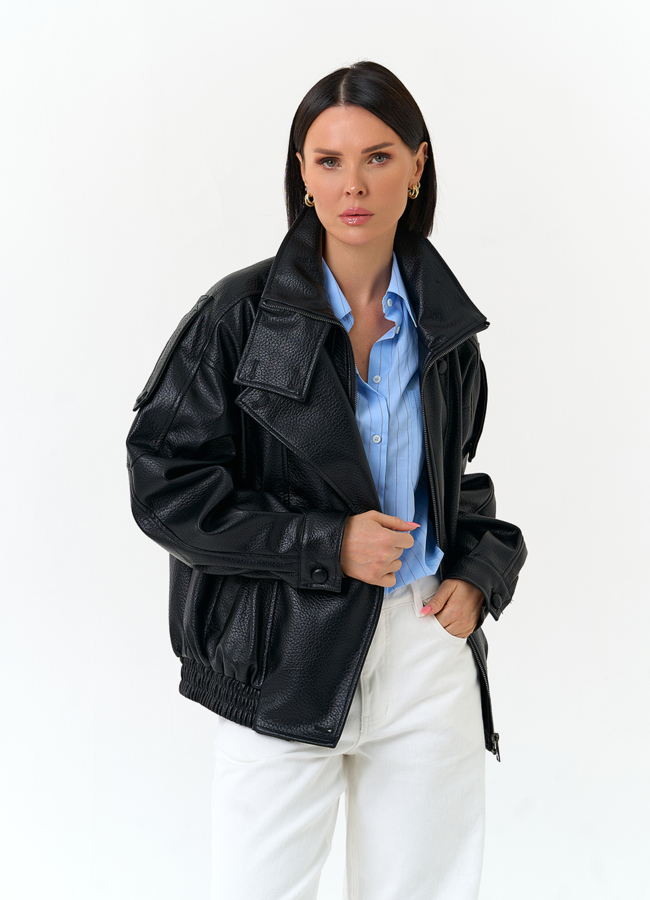 Женская куртка из эко кожи с воротником стойкой модель № 33143 меха малина