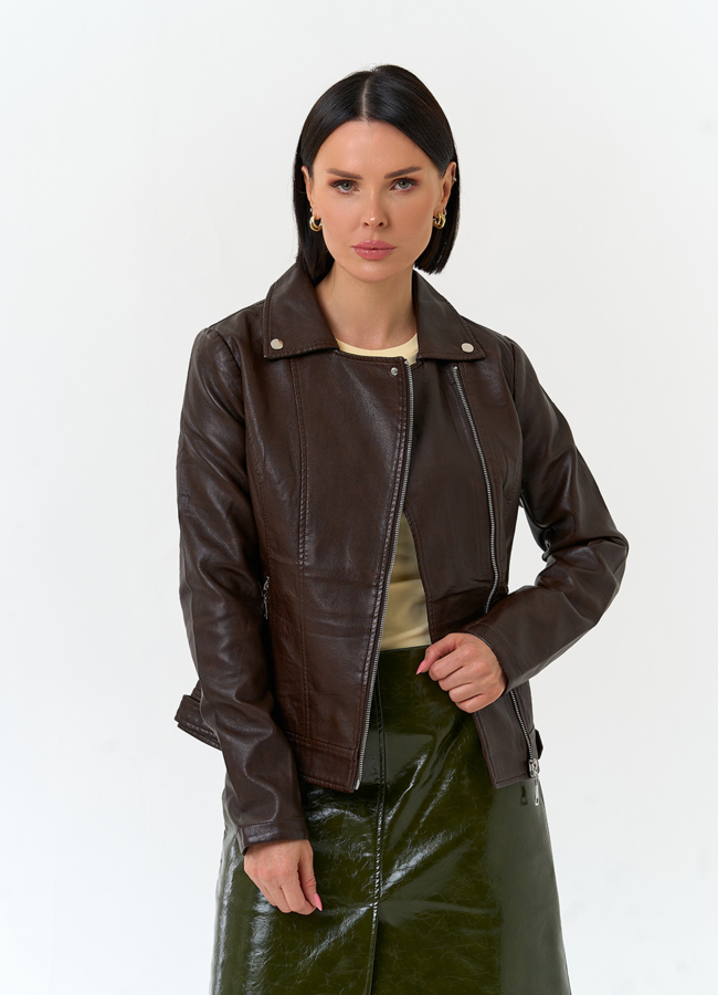 Женская куртка косуха из эко кожи модель № 33156 меха малина