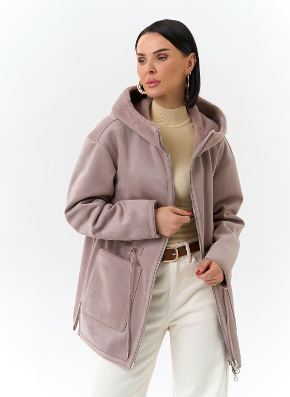 Двухсторонняя дубленка из эко замши с капюшоном