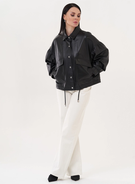 Кожаная куртка "бомбер" с кулиской по низу