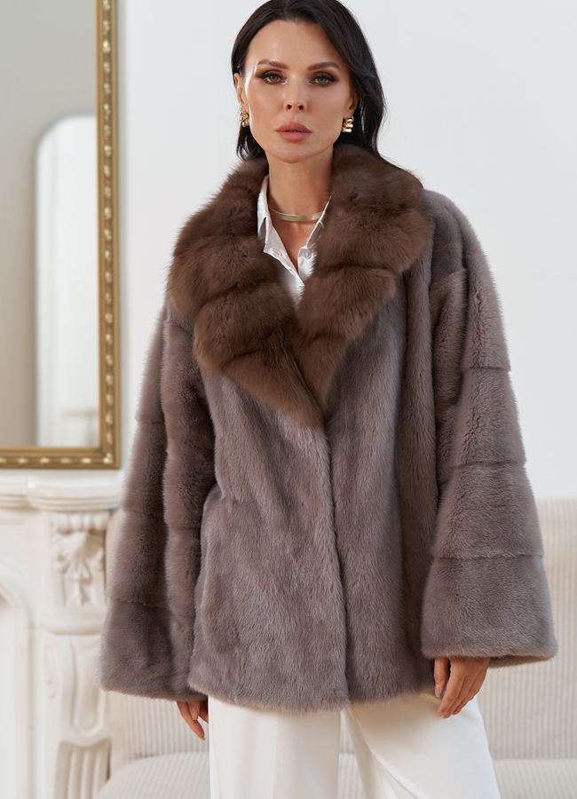 Куртка из меха норки с английским воротником из меха куницы модель № 30681 меха малина