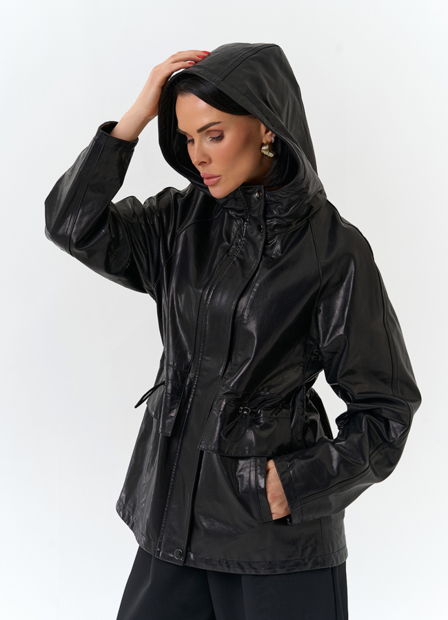 Женская куртка из натуральной кожи  с капюшоном модель № 32528 меха малина