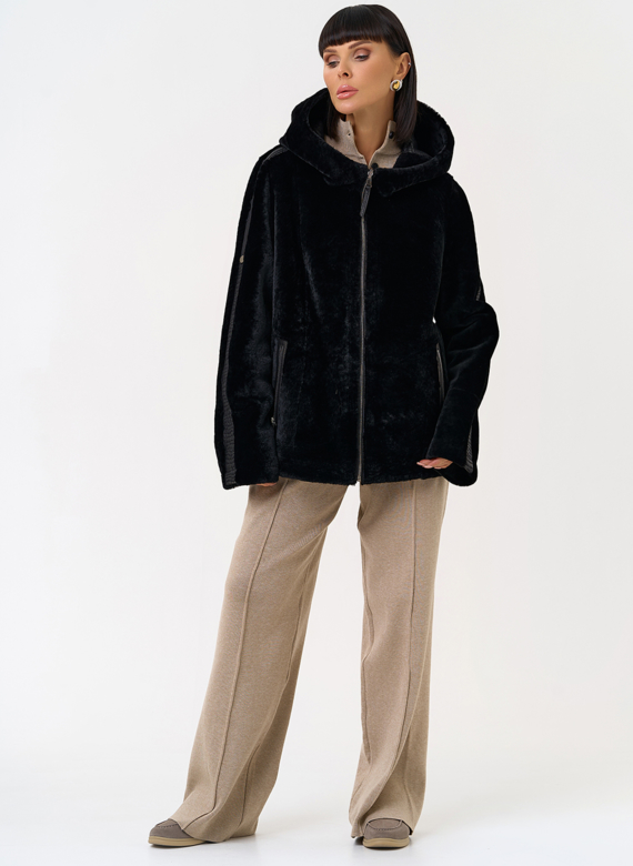 Женская двухсторонняя дубленка с капюшоном
