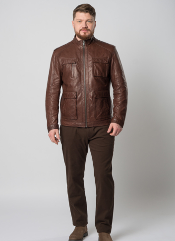 Мужская кожаная куртка коричневого цвета
