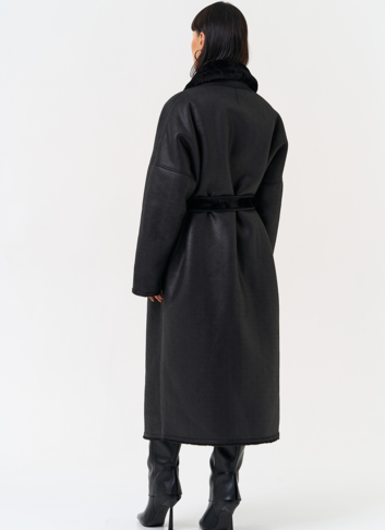 Женская двухсторонняя дубленка из эко замши с воротником шаль